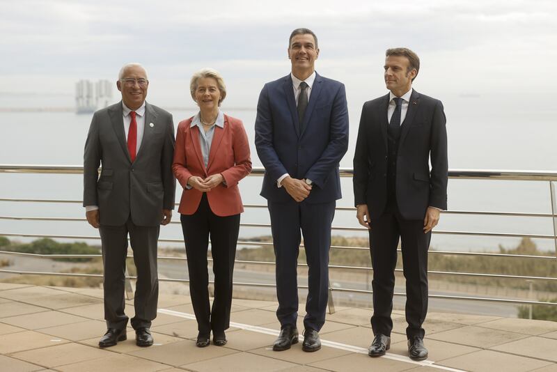 From left, Portuguese Prime Minister Antonio Costa, European Commission President Ursula von der Leyen, Spanish Prime Minister Pedro Sanchez and French President, Emmanuel Macron. EPA