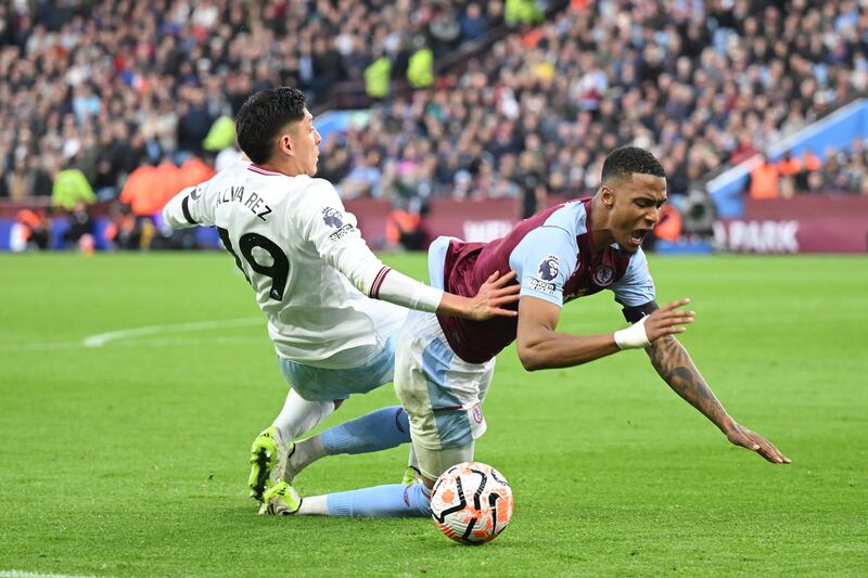 Ezri Konsa of Aston Villa is fouled by Edson Alvarez of West Ham United to earn a penalty. Getty 