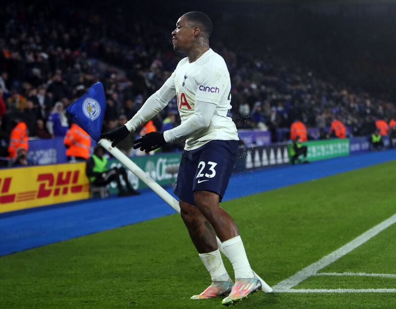 Steven Bergwijn celebrates scoring Tottenham's third goal against Leicester. AFP