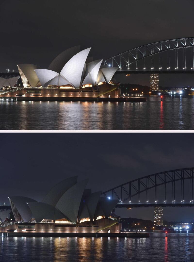Australia: Before and after the lights were turned off for Earth Hour at the Sydney Harbour Bridge and Opera House. AFP