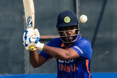 India's Sanju Samson plays a shot during the second one day international (ODI) cricket match between Zimbabwe and India at The Harare Sports Club in Harare on August 20, 2022.  (Photo by Jekesai NJIKIZANA  /  AFP)