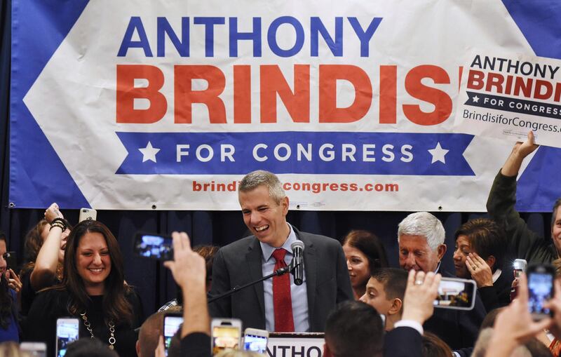 Democratic candidate Anthony Brindisi gives his victory speech at the Delta Hotel in Utica, NY. AP Photo