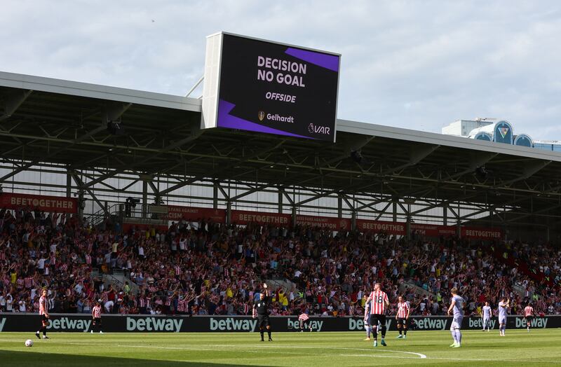 A big screen showing the moment Joe Gelhardt's first-half finish for Leeds was disallowed for offside. Reuters