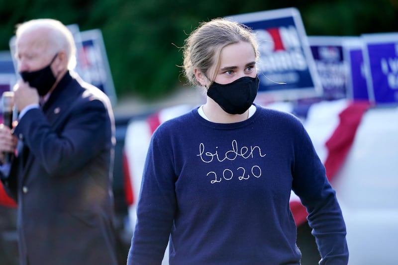 Granddaughter Maisy Biden attends a rally with Democratic presidential candidate former Vice President Joe Biden and former President Barack Obama at Birmingham Unitarian Church in Bloomfield Hills, Mich., Saturday, Oct. 31, 2020. (AP Photo/Andrew Harnik)