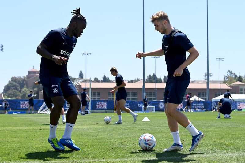 Michy Batshuayi and Timo Werner of Chelsea during a training session at Drake Stadium UCLA Campus in Los Angeles, California.