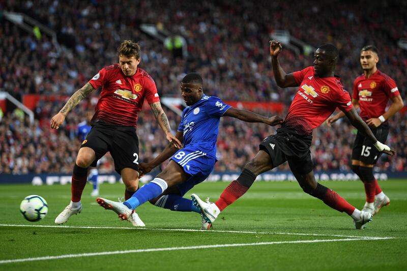 Manchester United's Victor Lindelof tackles Leicester's Kelechi Iheanacho. Getty Images