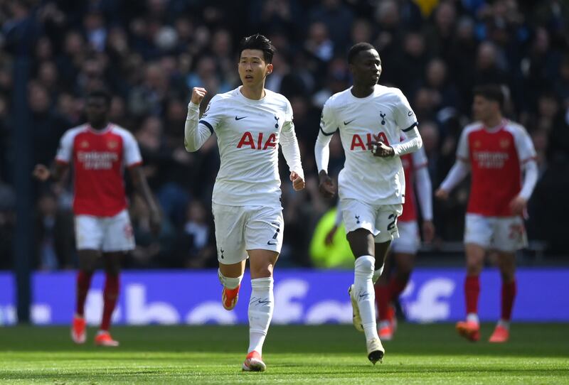Spurs striker Son Heung-min celebrates scoring his team's second from the penalty spot. Getty Images