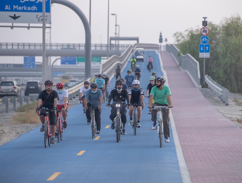 Sheikh Mohammed bin Rashid, Vice President and Ruler of Dubai, and family cycle around Dubai on Thursday. Courtesy: Dubai Media Office