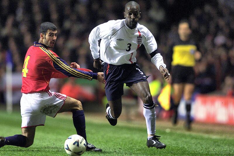 28 Feb 2001: Chris Powell of England takes on Josep Guardiola of Spain during the England v Spain International Friendly match played at Villa Park, Birmingham. The game ended in a 3-0 win to England. DIGITAL IMAGE.  \ Mandatory Credit: Laurence Griffiths/Allsport