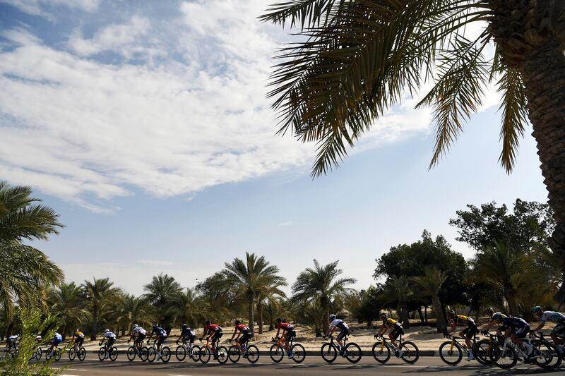 The peloton during Stage 1 of the UAE tour, from Al Dhafra Castle to Al Mirfa, in Abu Dhabi. AP