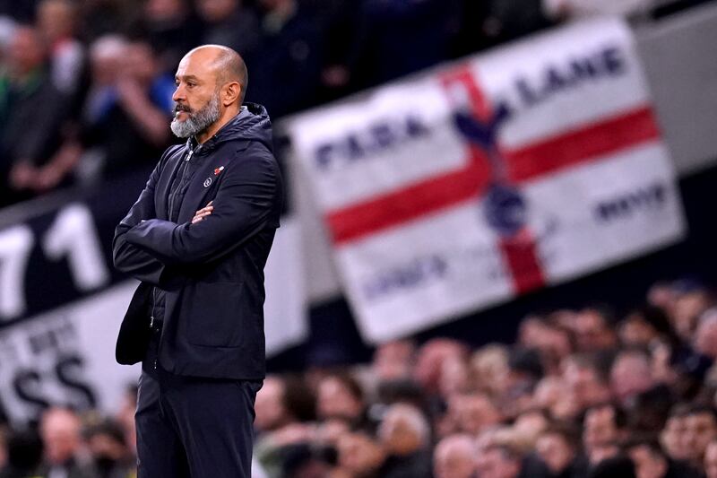 Tottenham Hotspur manager Nuno Espirito Santo looks on during the 3-0 defeat to Manchester United on October 30, 2021. PA