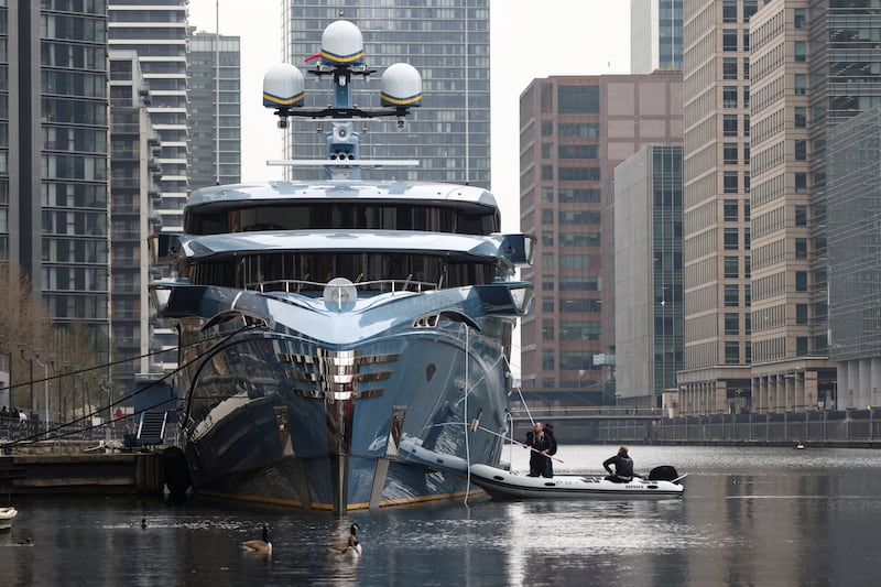 Detained Russian-owned superyacht Phi in London's West India and Millwall Docks in March 2022.  Reuters