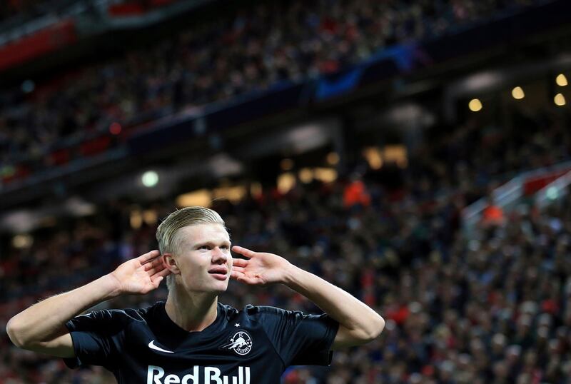 Salzburg's Erling Braut Haland celebrates after scoring his side's third goal. AP Photo