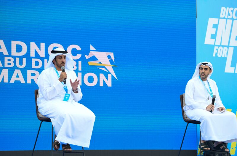 Suhail Alareefi, left, Executive Director, The Event Sector at Abu Dhabi Sports Council, and Khalid Al Hosani, Senior Vice President at ADNOC Group during the press conference for the upcoming Abu Dhabi Marathon, Abu Dhabi.  Khushnum Bhandari / The National
