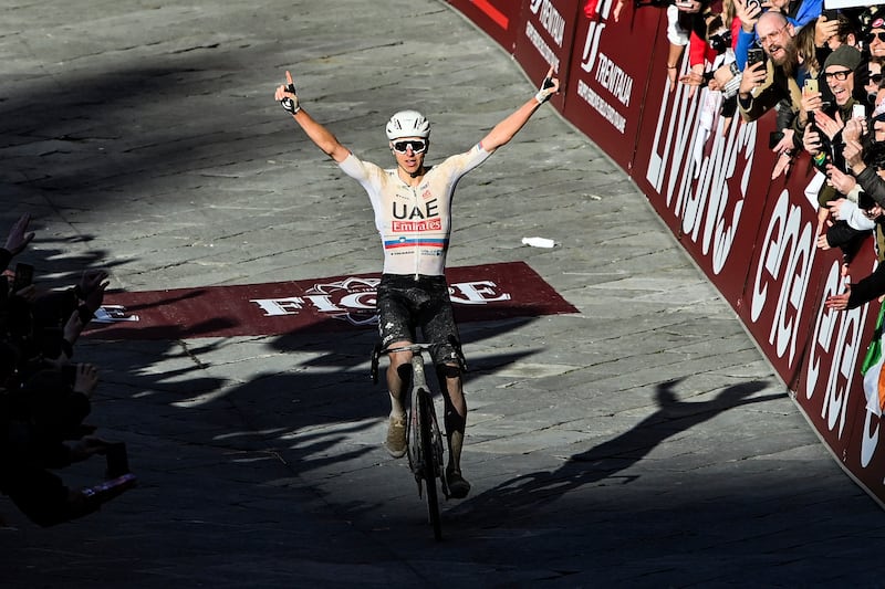 Slovenian Tadej Pogacar stormed to victory at Strade Bianche, the first race of the season for the UAE Team Emirates rider. AP