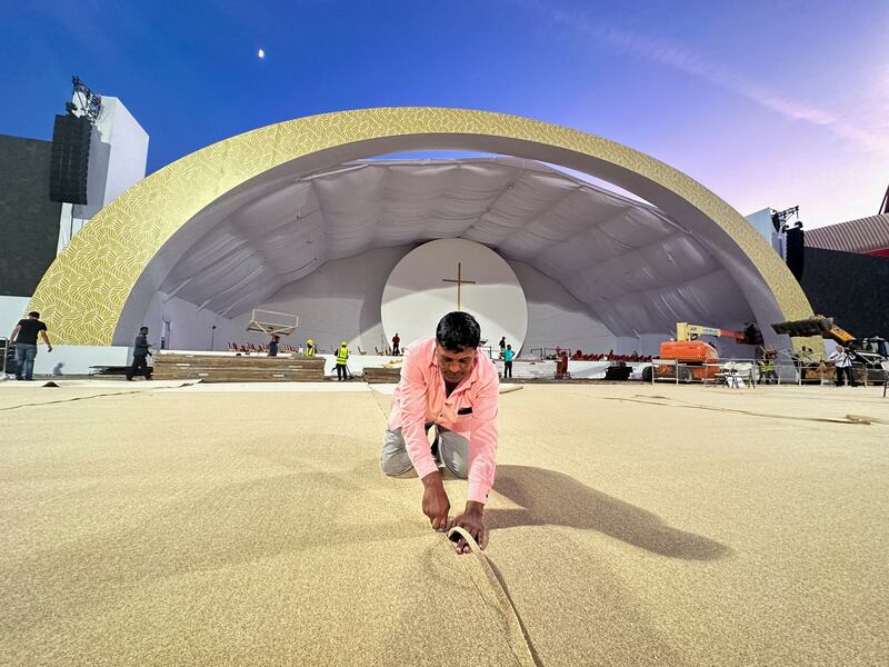 Workers make last minute preparations at Bahrain National Stadium, where Pope Francis will hold a public Mass during his three-day visit to Manama, Bahrain. All photos from this image onwards: Reuters