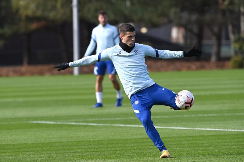 COBHAM, ENGLAND - OCTOBER 16:  Christian Pulisic of Chelsea during a training session at Chelsea Training Ground on October 16, 2020 in Cobham, England. (Photo by Darren Walsh/Chelsea FC via Getty Images)