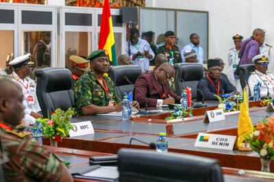 Nigeria's Chief of Defence Staff of Nigeria Gen Christopher Musa, second from left, with other officials at an extraordinary meeting of  Ecowas defence chiefs in Accra, Ghana, to discuss the situation in Niger. EPA