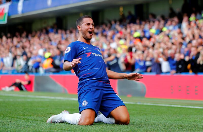 Soccer Football - Premier League - Chelsea v Cardiff City - Stamford Bridge, London, Britain - September 15, 2018  Chelsea's Eden Hazard celebrates scoring their first goal            REUTERS/Eddie Keogh  EDITORIAL USE ONLY. No use with unauthorized audio, video, data, fixture lists, club/league logos or "live" services. Online in-match use limited to 75 images, no video emulation. No use in betting, games or single club/league/player publications.  Please contact your account representative for further details.