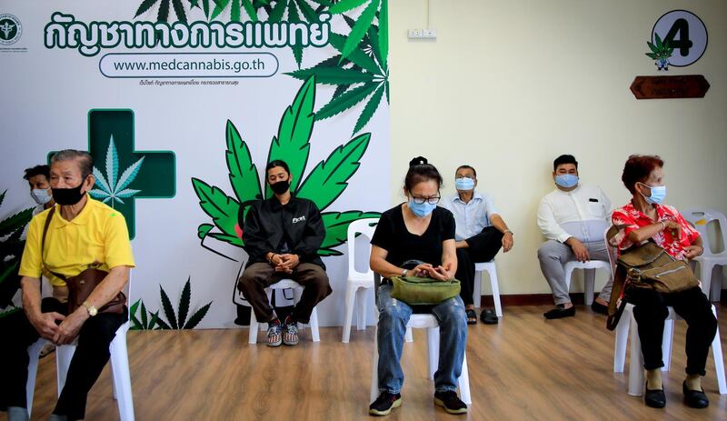 Patients sit in the waiting hall at Thailand's first official medical cannabis clinic at the Thai Traditional and Alternative Medicine Department inside the Public Health Ministry building on the outskirts of Bangkok, Thailand. EPA