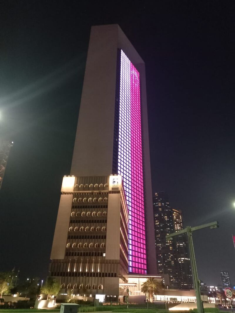 The Adnoc building in Abu Dhabi shows Singapore's colours to celebrate its National Day.
