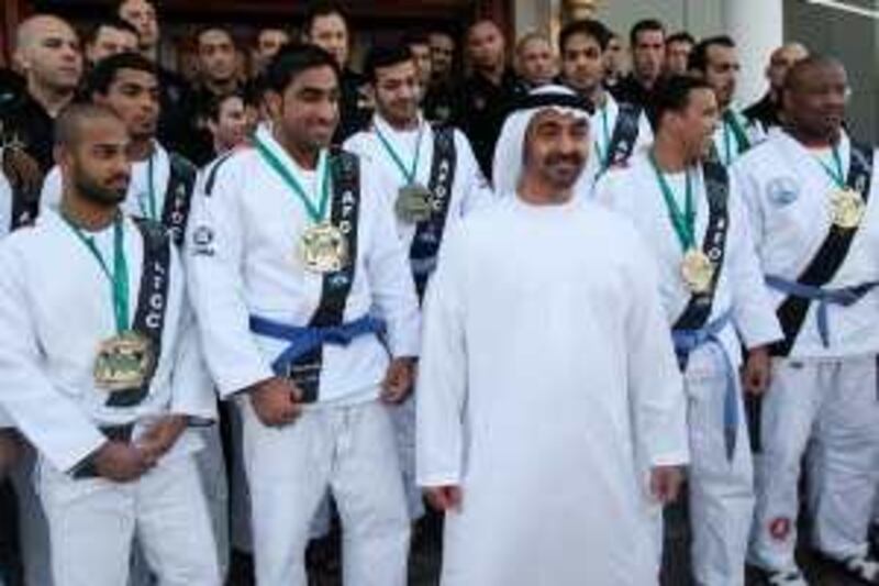 ABU DHABI, UNITED ARAB EMIRATES - May 4, 2009: (centre) General Sheikh Mohammed bin Zayed Al Nahyan, Crown Prince of Abu Dhabi and Deputy Supreme Commander of the UAE Armed Forces, received the UAE Jiu-Jitsu team and coaches at the Sea Palace to recognize their efforts in the recent tournament they hosted in Abu Dhabi.
( Ryan Carter / The National ) *** Local Caption ***  RC001-Jiu-Jitsu.JPGRC001-Jiu-Jitsu.JPGRC001-Jiu-Jitsu.JPG