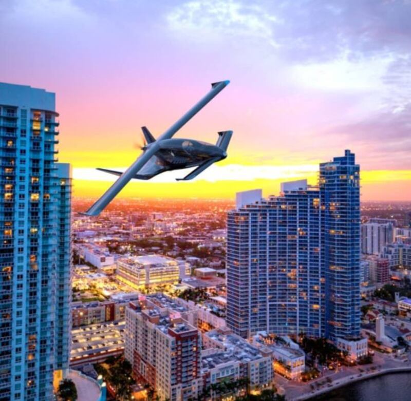 The Cavorite 5 depicted in a rendering of the electric plane over Miami. Courtesy: Horizon Aircraft