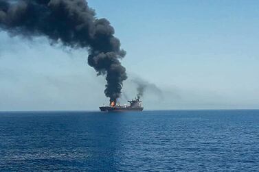 An oil tanker after it was attacked at the Gulf of Oman, in waters between Gulf Arab states and Iran, June 13, 2019. ISNA