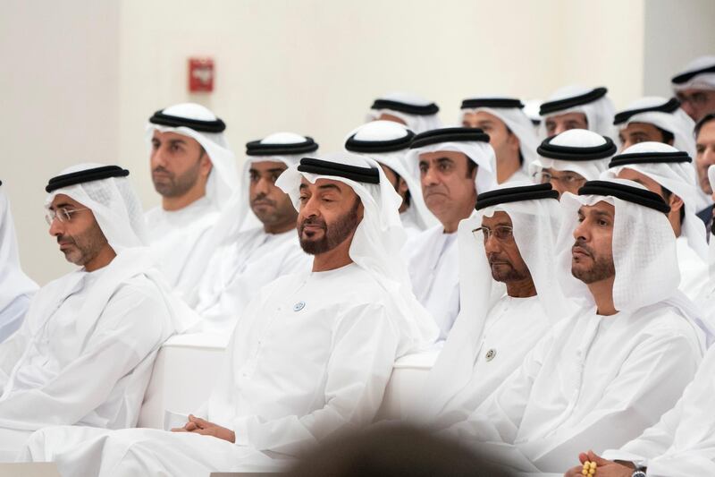 ABU DHABI, UNITED ARAB EMIRATES - May 23, 2018: HH Sheikh Mohamed bin Zayed Al Nahyan, Crown Prince of Abu Dhabi and Deputy Supreme Commander of the UAE Armed Forces (2nd L) attends a lecture by Angela Duckworth (not shown), titled ‘True Grit: The Surprising, and Inspiring Science of Success’, at Majlis Mohamed bin Zayed. Seen with HH Sheikh Diab bin Zayed Al Nahyan (L), HH Sheikh Fahim bin Sultan Al Qasimi (3rd L) and HH Sheikh Khalifa bin Mohamed bin Khaled Al Nahyan (R).

( Rashed Al Mansoori / Crown Prince Court - Abu Dhabi )
—