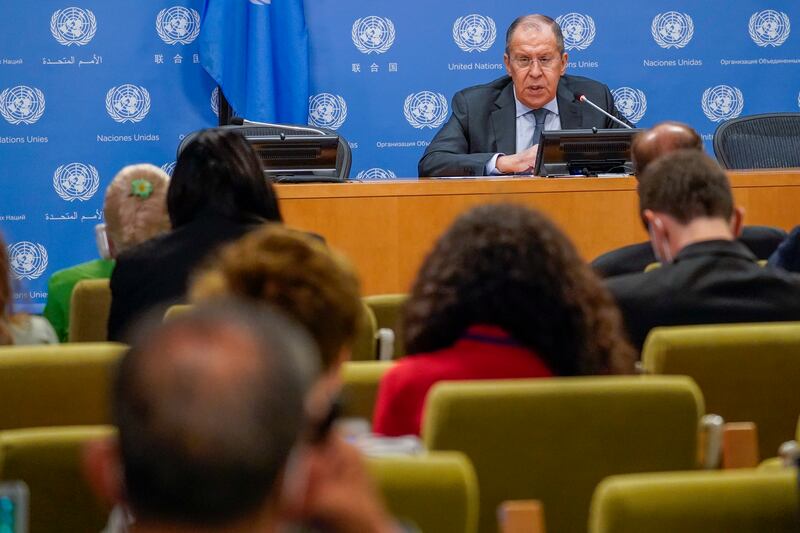 Russian Foreign Minister Sergey Lavrov speaks to reporters at a news conference during the United Nations General Assembly on Saturday in New York.  Image: AP