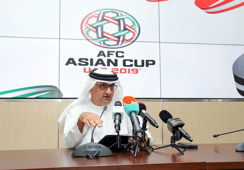 Abu Dhabi, United Arab Emirates - July 26, 2018: AFC Asian Cup UAE 2019 Press conference with Aref Al Awani tournament director of the Asian Cup LOC. Thursday, July 26th, 2018 in Zayed Sports City, Abu Dhabi. Chris Whiteoak / The National