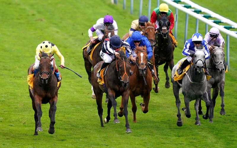 Emaraaty Ana, front left, ridden by Andrea Atzeni wins the Sprint Cup Stakes at Haydock Park. PA