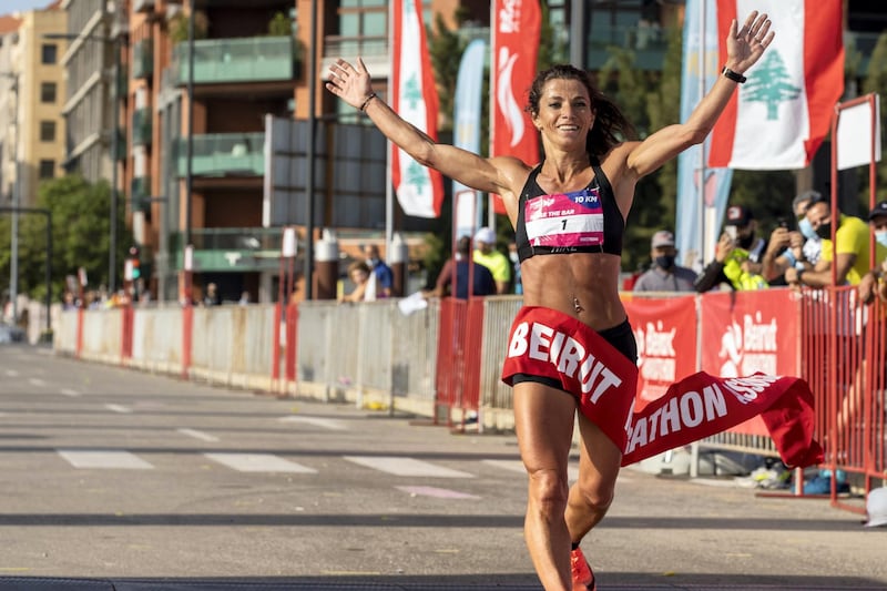Chirine Njeim celebrates winning the Beirut Marathon Association's 10K Women's Race on Sunday May 23 in Beirut, Lebanon (Matt Kynaston).
