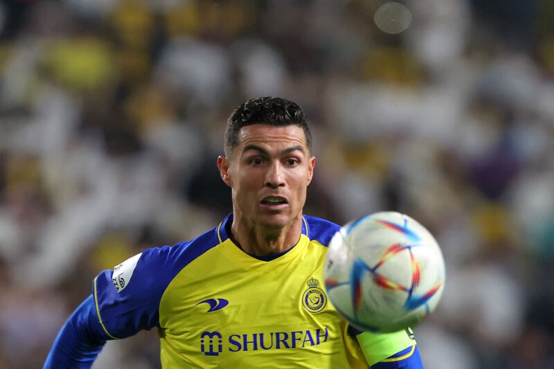 Nassr's Portuguese forward Cristiano Ronaldo on the ball in the King's Cup quarter-final win against Abha at Mrsool Park Stadium in Riyadh on March 14, 2023. AFP