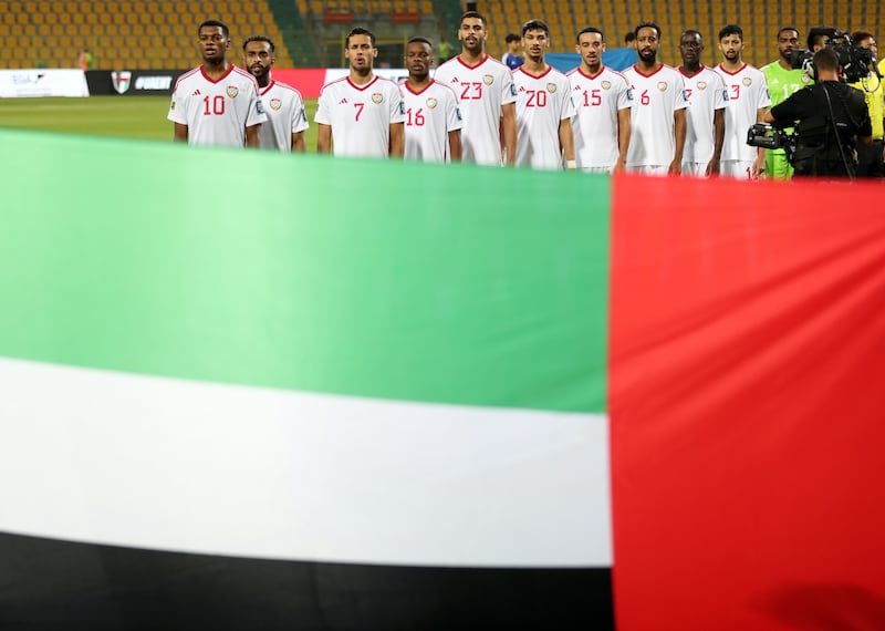 The UAE team line up before the 2026 World Cup qualifying match against Bahrain.