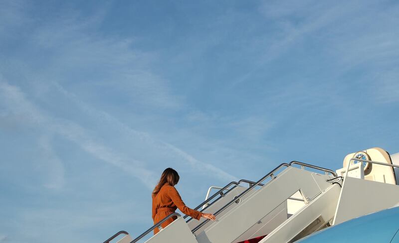 U.S. first lady Melania Trump boards her plane as she departs Washington for a tour of several African countries from Joint Base Andrews, Maryland, U.S., October 1, 2018. REUTERS/Carlo Allegri????