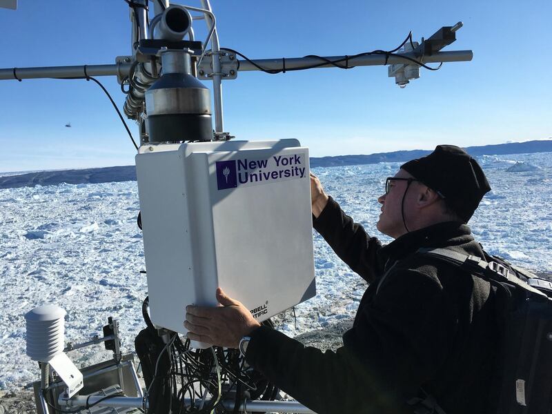 NYU-AD scientist David Holland during the filming of the documentary Decoding the Weather Machine last June at the Jakobshavn Glacier in Greenland. The had a pre-screening at NYU-AD last week and will air on PBS April 18. Photos Courtesy: Doug Hamilton