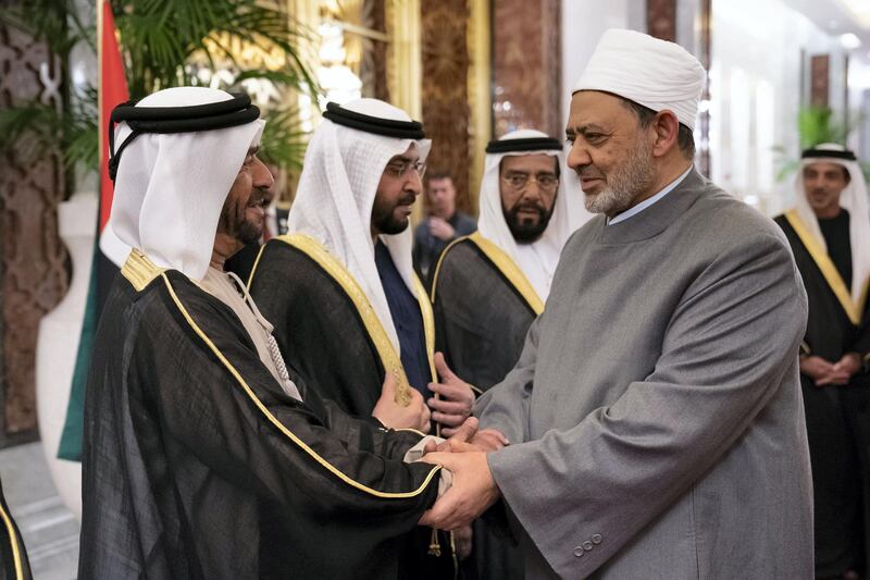ABU DHABI, UNITED ARAB EMIRATES - February 3, 2019: Day one of the UAE Papal visit - HH Sheikh Suroor bin Mohamed Al Nahyan (L) greets His Eminence Dr Ahmad Al Tayyeb, Grand Imam of the Al Azhar Al Sharif (R), at the Presidential Airport. 

( Ryan Carter / Ministry of Presidential Affairs )
---