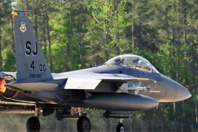 An F-15E Strike Eagle takes off during a training mission at Seymour Johnson Air Force Base.