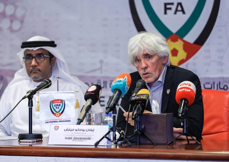 Dubai, United Arab Emirates, December 31, 2019.  
Press-conference introducing the new head coach of the UAE National team, Ivan Jovanovic, right, and Ghanim Al Hajeri, Chairman of National team's and technical Committee.
Victor Besa / The National
Section:   SP
Reporter:  John McAuley