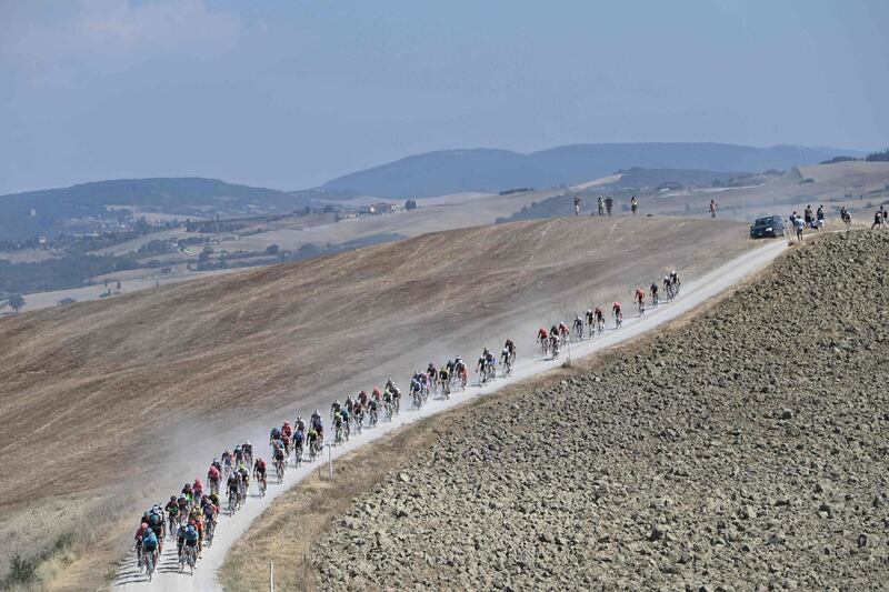 The peloton during during the Strade Bianche (White Roads) one-day classic cycling race  in Siena, Tuscany,  on Saturday, August 1. AFP