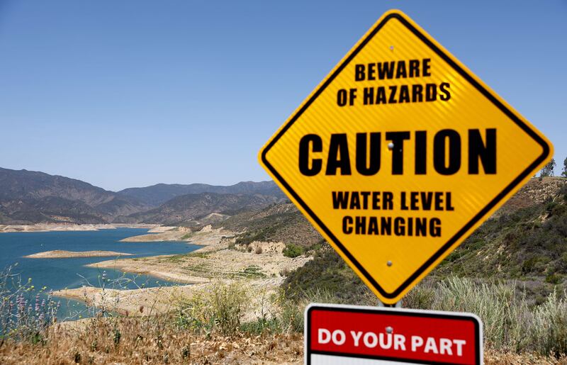 A sign at the Castaic Lake reservoir in Los Angeles County. Getty Images / AFP