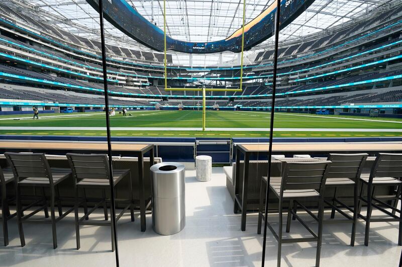 An end zone viewing area inside SoFi Stadium. The stadium has a seating capacity of 70,000, which can be expanded to 100,000 when needed. AP