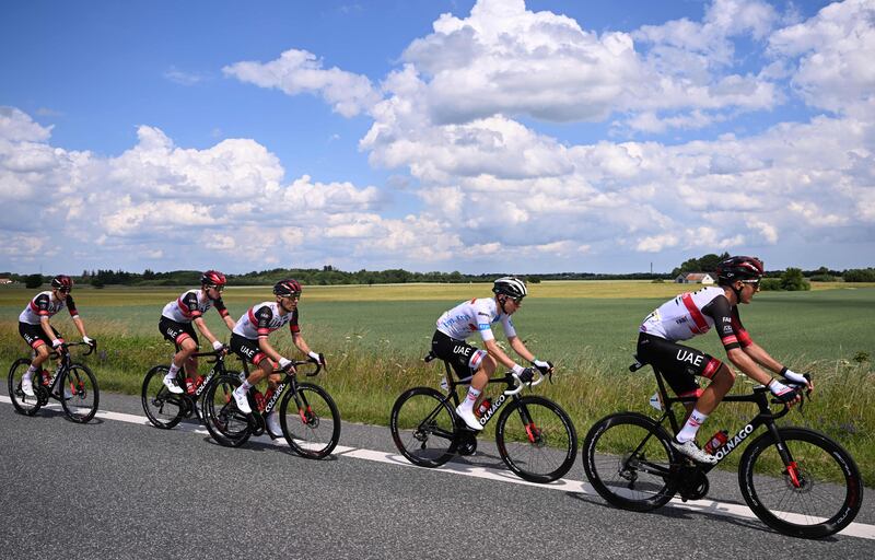 UAE Team Emirates rider Tadej Pogacar, second right, during Stage 3. AFP