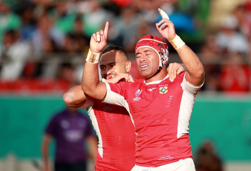 HIGASHIOSAKA, JAPAN - OCTOBER 13: Siale Piutau of Tonga celebrates after scoring his team's third try during the Rugby World Cup 2019 Group C game between USA and Tonga at Hanazono Rugby Stadium on October 13, 2019 in Higashiosaka, Osaka, Japan. (Photo by Adam Pretty/Getty Images)
