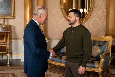 King Charles III holds an audience with President Volodymyr Zelenskyy at Buckingham Palace in February this year during the Ukraine leader's first visit to Britain since the Russian invasion. Getty