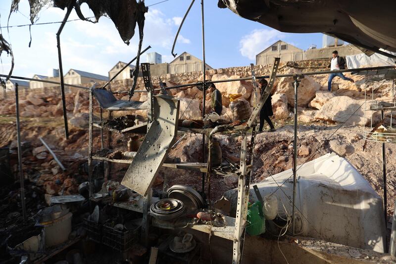 Damage caused by the shelling of the camp for internally displaced people in Idlib. AFP