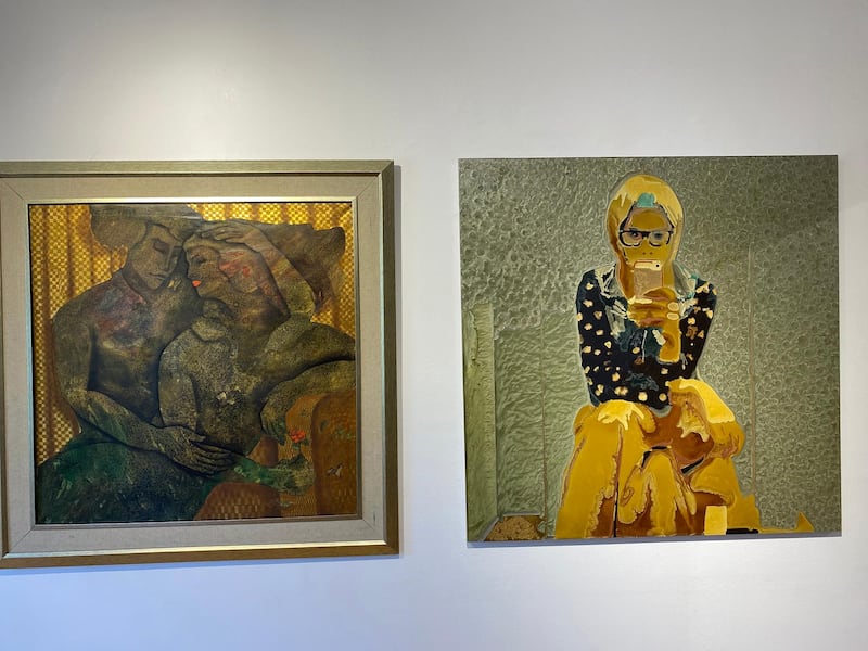 Artwork for sale includes a 2021 piece by Souad Mardam Bey (far right) selling for $14,000. Nada El Sawy / The National