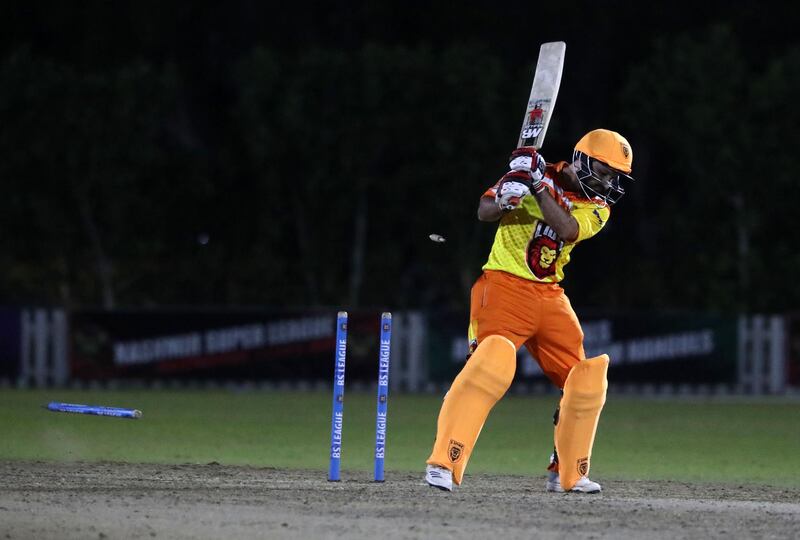 Ajman, United Arab Emirates - Reporter: Paul Radley. Sport. Cricket. Lion's Saqib Azeem is bowled off a no ball. Hawks v Lions in the Karwan Rising Stars league. Ajman. Tuesday, January 19th, 2021. Chris Whiteoak / The National