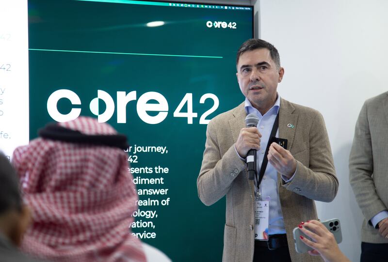 Kiril Evtimov, group chief technology officer of G42 and chief executive of Core42, speaking at the launch of Core42 at Gitex Global in Dubai on Monday. Leslie Pableo / The National